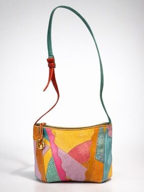 Sharif VTG 80s Multicolor Pastels patchwork shoulder Bag, exotic leathers, EUC